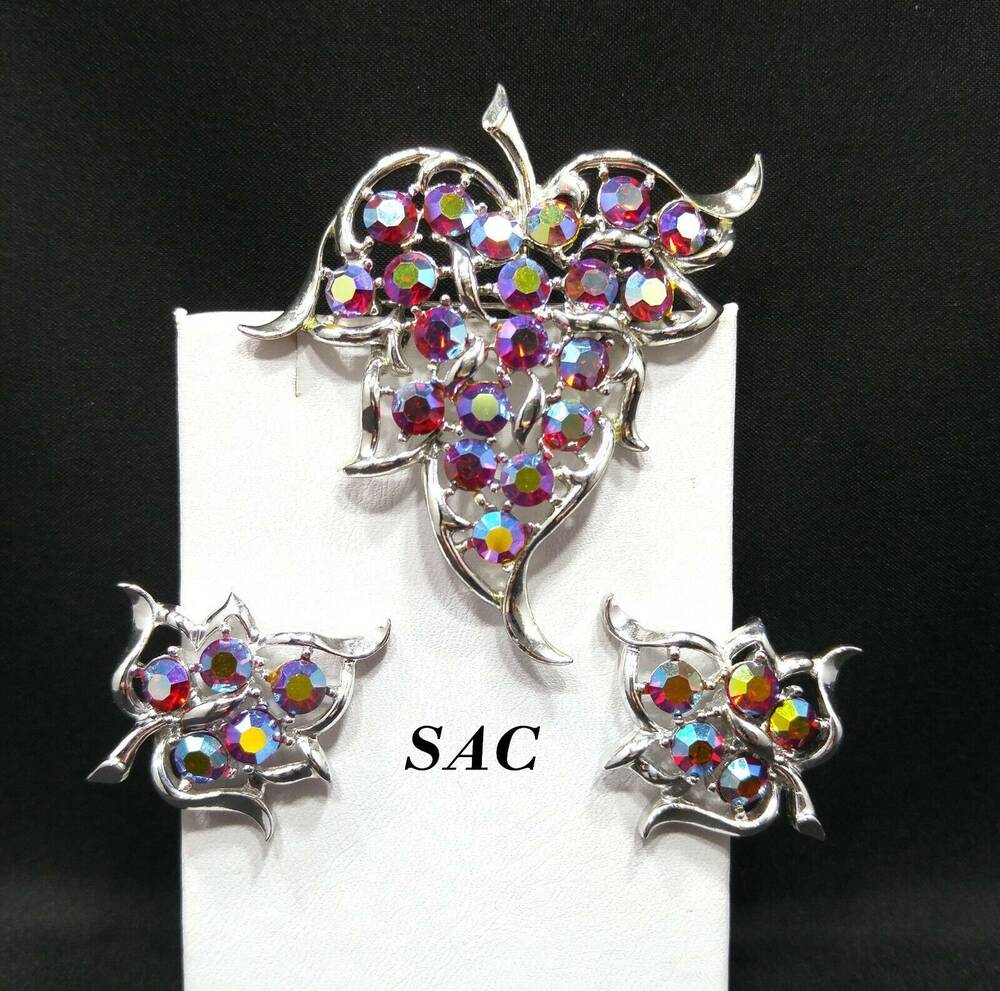 Sarah Coventry Dazzling Aurora Brooch Earrings Red AB Rhinestone